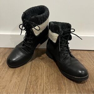 Moda Chics black combat style lace up ankle boots fur vegan leather - Size 7.5